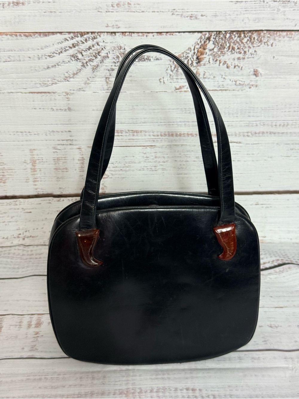 Vintage Holzman Black Leather Small Double Handle Handbag With Bakelight